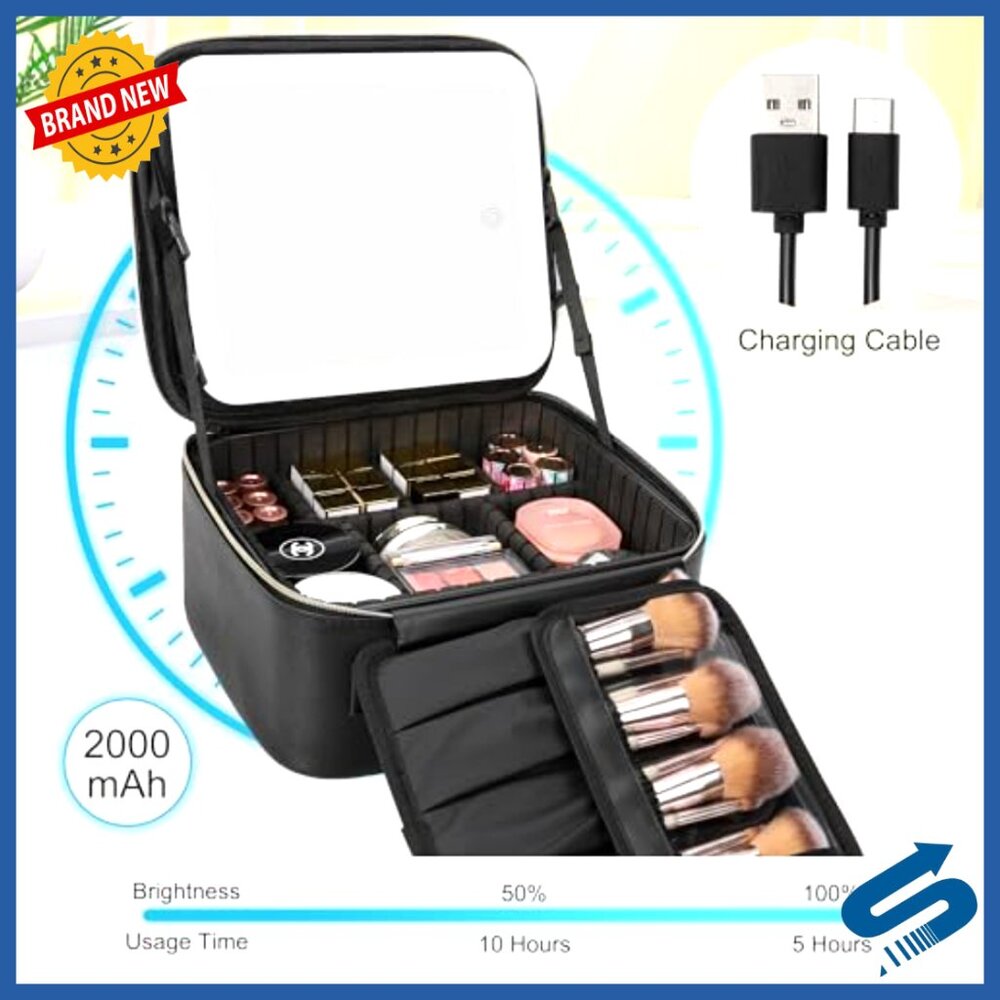 LED Mirror Travel Makeup Case with Adjustable Dividers and Brush Holder - Picture 4 of 6